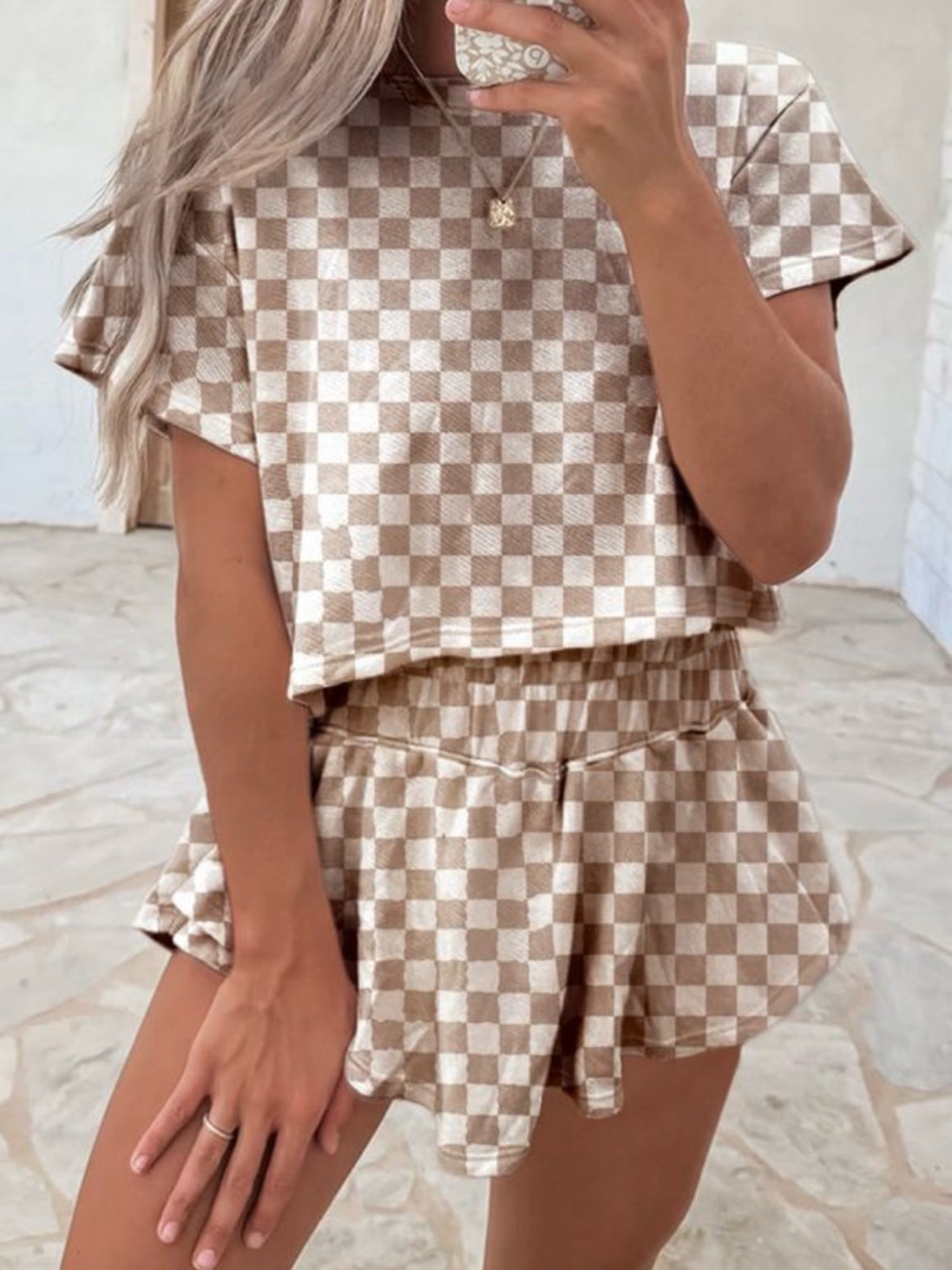 Checkerboard Two-Piece Lounge Set - Beige/White